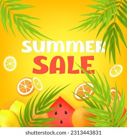 Tropical flora vector illustration with exotic fruits juicy sliced citrus fruits like watermelon, lemons and oranges on palm and green leafy branches background for summer sale banners, flyers