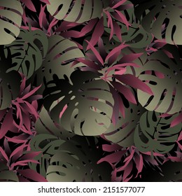 Tropical floral 3d seamless pattern. Colorful dark tropic plants background. Exotic beautiful orchids flowers, palm leaves. Repeat ornamental vector backdrop. 3d decorative ornaments. Endless texture.
