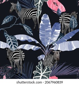 Tropical floral abstract blue violet leaves and plants, zebra wildlife animal floral seamless pattern on vintage blue background. Exotic safari night wallpaper.
