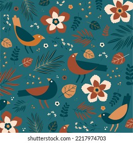 
Tropical, floral and animal pattern, with birds, leaves and exotic plants. Separate vector elements on green background.