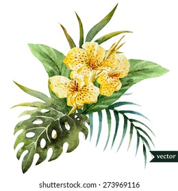 tropical floral arrangement, watercolor