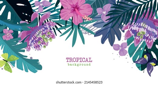 Tropical floral background, blue and purple leaves and pink passiflora and hibiscus flowers,  hand drawn cartoon vector illustration