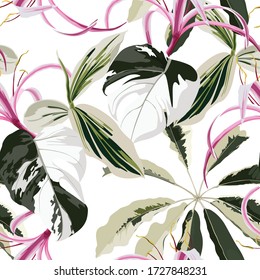 Tropical floral background with palm leaves, plants and pink exotic lilies flowers. Hand drawn botanical illustration for tropical party design.