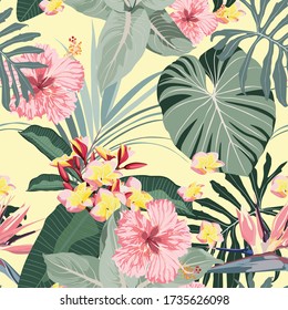 Tropical floral background with palm leaves, plants and pink plumeria hibiscus flowers. Hand drawn botanical illustration for tropical party design.