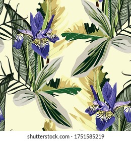 Tropical floral background with palm leaves, plants and violet iris flowers. Hand drawn botanical illustration for tropical party design.