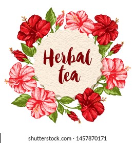 Tropical floral background with pink and red hibiscus flowers and paper label.  Hand drawn vector illustration. 