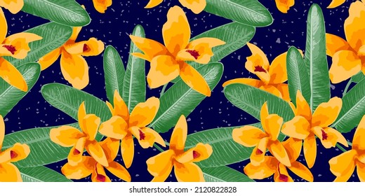 Tropical floral background. Realistic vector seamless pattern with yellow orchid flowers, green tropical plants, leaves on dark blue backdrop. Exotic jungle, paradise resort theme, rain forest nature