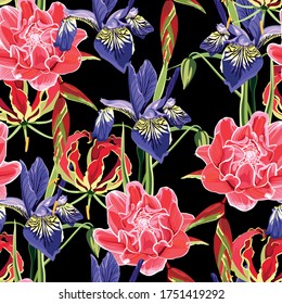 Tropical floral background with red exotic and violet iris flowers. Hand drawn botanical illustration for tropical design.