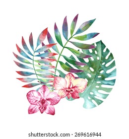 Tropical floral background. Watercolor monstera leaves, orchid flowers, isolated on white background