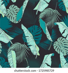 Tropical floral banana palm leafs seamless vector pattern