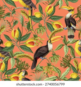 Tropical floral birds seamless pattern featuring exotic jungle plants, yellow blossoms and detailed toucans on dark background. Rich vintage botanical illustration style creates dramatic rainforest mood. Ideal for luxury wallpaper, textile, fashion prints and interior decor.