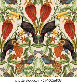 Tropical floral birds seamless pattern with exotic jungle plants, cacao pods and colorful toucans. Detailed vintage botanical illustration on dark background creates rich rainforest atmosphere. Perfect for luxury wallpaper, textile, fashion prints and interior decor design.
