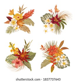 Tropical floral boho bouquet collection. Watercolor blossom tropic flowers and leaves. Vector design isolated elements of palms, hawaiian plants for wedding decoration, party invitation, summer card