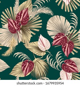 Tropical floral boho dried palm leaves, anthurium flower seamless pattern green background. Exotic jungle wallpaper.