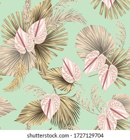 Tropical floral boho dried palm leaves, anthurium flower seamless pattern green background. Exotic jungle wallpaper.