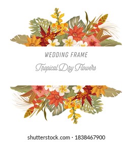 Tropical floral border with palm leaves, tropic flowers. Exotic backdrop decorated with foliage of jungle plants. Vector watercolor style frame illustration for wedding invitation, party card