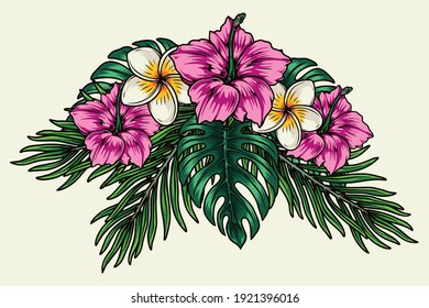 Tropical floral bouquet colorful concept with hibiscus plumeria flowers palm and monstera leaves isolated vector illustration