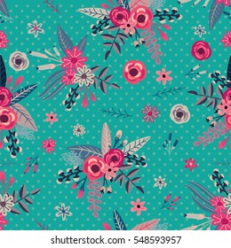 Tropical Floral Bouquet Seamless Pattern. Wallpaper Background.