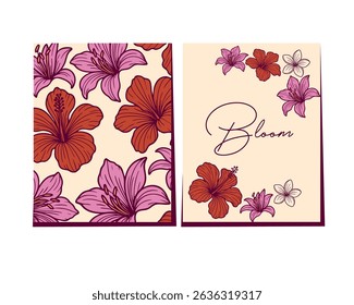 Tropisch bloemenkaartontwerp met rode hibiscus, roze lelies en crème plumeria op een beige achtergrond. Elegante lay-out met Bloom script ideaal voor uitnodigingen of seizoensgebonden groeten.