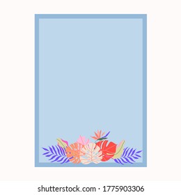 Tropical floral card frame background. Modern exotic foliage card, poster template. Exotic branch and leave elements. Botanical frame vector illustration. Jungle border hand-drawn design.