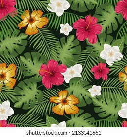 Tropical floral colorful seamless pattern with beautiful hibiscus flowers green palm and monstera leaves vector illustration