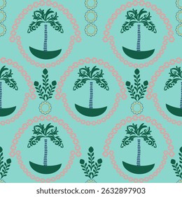 Tropical Floral Damask Pattern with Coconut Trees and Blossoms on Aqua Blue. Damask ornament Summer. Seamless Vector Background. Texture for printing on fabric and paper packaging, textile.