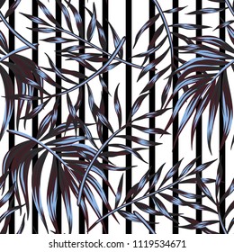 Tropical floral dark blue palm leaves seamless pattern black and white striped  background. Exotic jungle wallpaper.