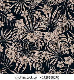 Tropical floral decorative seamless pattern with beautiful frangipani and hibiscus flowers monstera and palm leaves in vintage monochrome style vector illustration