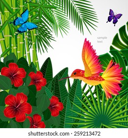 Tropical floral design background with bird, butterflies.