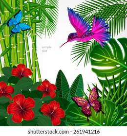 Tropical floral design background with bird, butterflies.