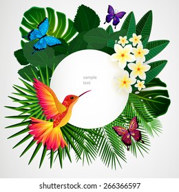 Tropical floral design background with bird, butterflies.