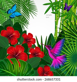 Tropical floral design background with bird, butterflies.