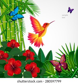 Tropical floral design background with bird, butterflies.