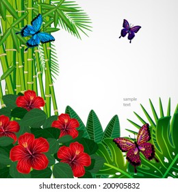 Tropical floral design background with butterflies.