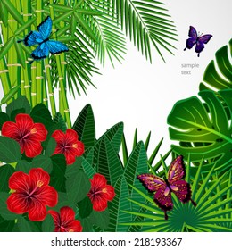 Tropical floral design background with butterflies.