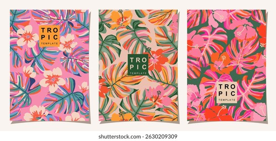 Tropical floral design with hand drawn palm leaves. Hawaii summer colorful background for posters, templates, cards, covers, decorations, banners, interior decors. Vector illustration.