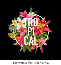 Tropical Floral Design for T-shirt, Fabric Print. Exotic Plumeria Flowers Poster, Background, Banner. Beach Vacation Tropic Graphic. Vector illustration