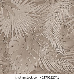 Tropical floral emboss 3d seamless pattern. Colorful tropic plants background. Exotic relief flowers, palm leaves. Repeat surface vector backdrop. 3d textured leafy ornaments. Endless grunge texture.