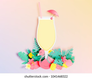 Tropical floral with flamingo and cocktail in paper art style and pastel color scheme background vector illustration