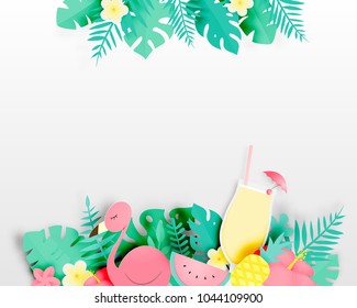 Tropical floral with flamingo and cocktail in paper art style and pastel color scheme background vector illustration