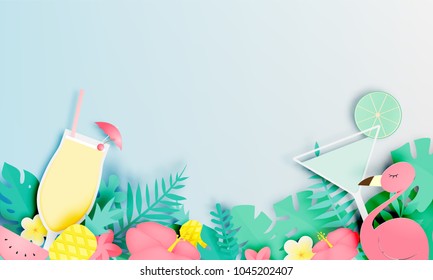 Tropical floral with flamingo and cocktail in paper art style and pastel color scheme background vector illustration