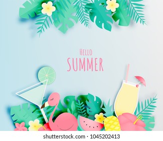 Tropical floral with flamingo and cocktail in paper art style and pastel color scheme background vector illustration