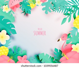 Tropical floral with flamingo in paper art style and pastel color scheme background vector illustration