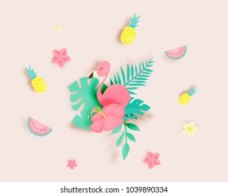 Tropical floral with flamingo in paper art style and pastel color scheme background vector illustration