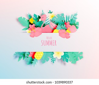 Tropical floral with flamingo in paper art style and pastel color scheme background vector illustration