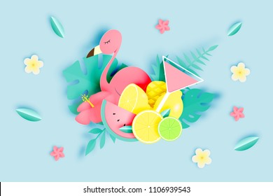 Tropical floral with flamingo in paper art style and pastel color scheme background vector illustration