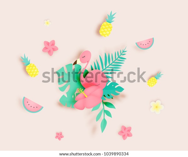 紙のアートスタイルとパステルの配色の背景に熱帯の花柄とフラミンゴ ベクターイラスト のベクター画像素材 ロイヤリティフリー