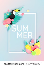 Tropical floral with flamingo and toco toucan in paper art style and pastel color scheme background vector illustration
