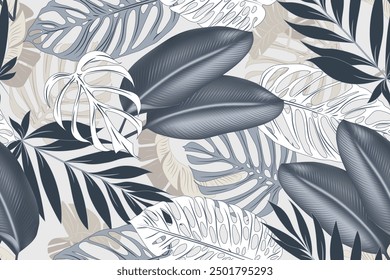 La palma azul del follaje floral tropical deja el fondo blanco inconsútil del modelo. Fondo de pantalla exótico de la selva. Ilustración vectorial