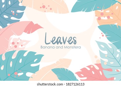 Tropical Floral Frame and Background, banana leaf and monstera leaf composition with flat style